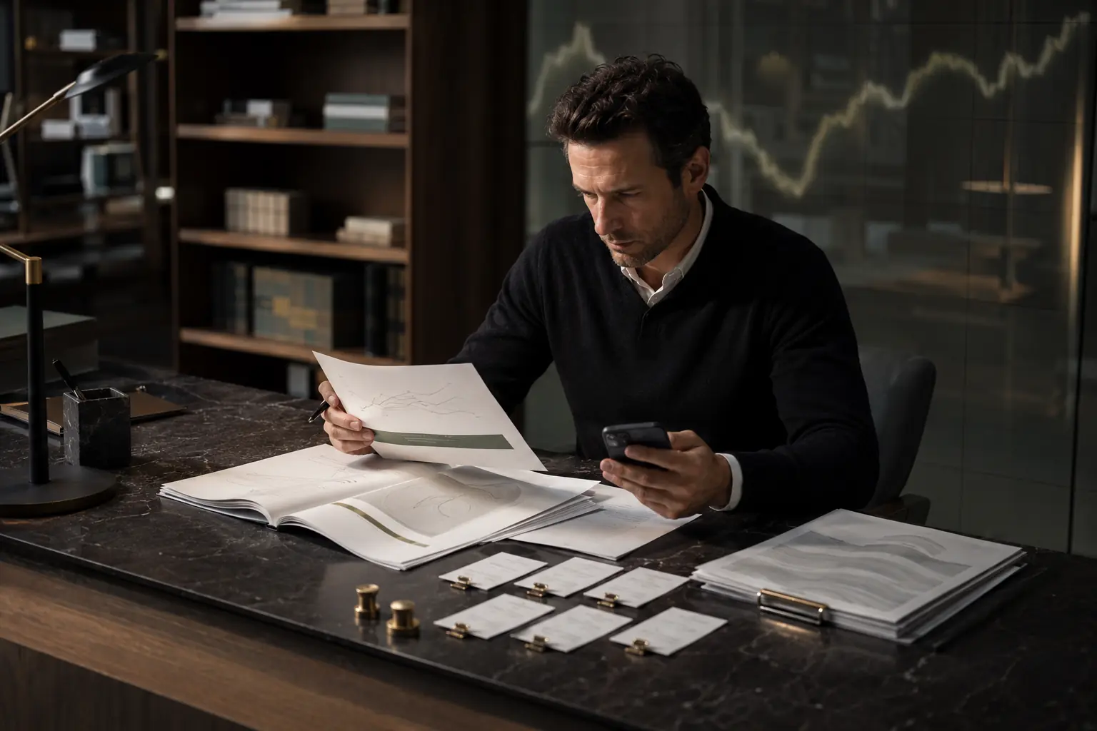 Conceptual editorial image of a researcher cross-checking market reports, source records, and an obscured mobile reference