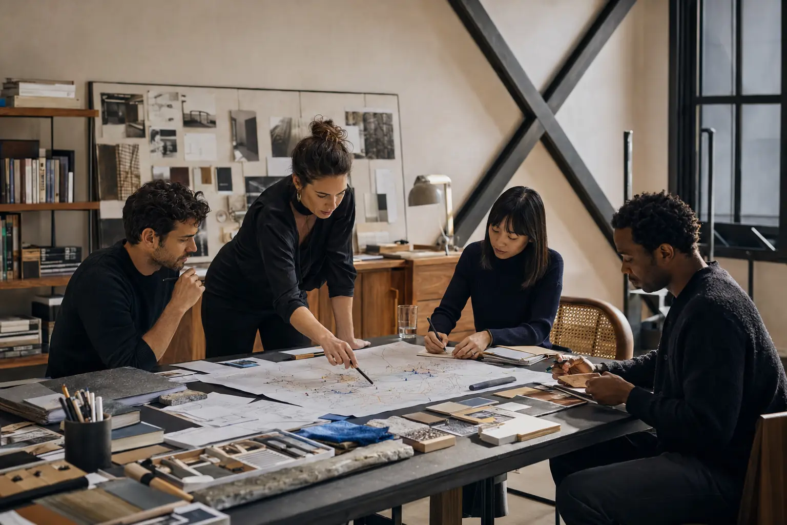 Conceptual editorial image of a multidisciplinary consultancy team connecting research, design, and technical work around one brief